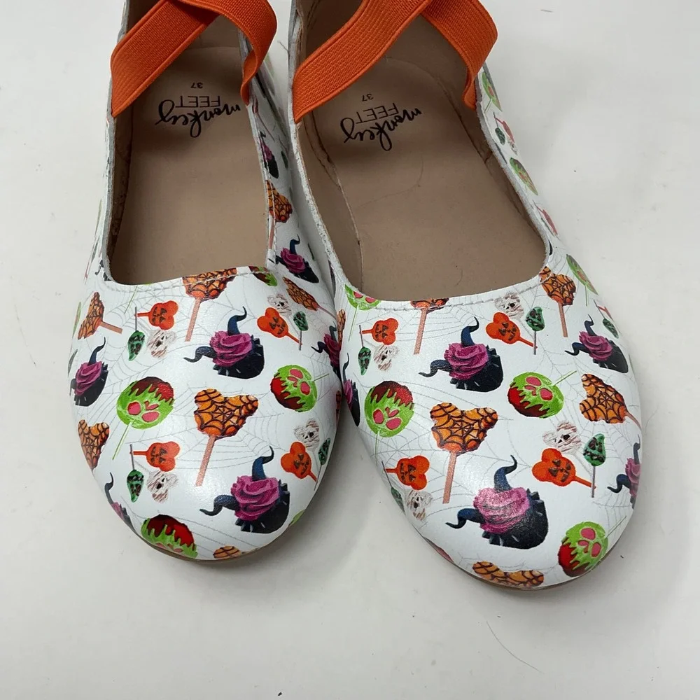 Monkey Feet Halloween Leather Ballet Flats Orange Elastic Straps Bows Size 37